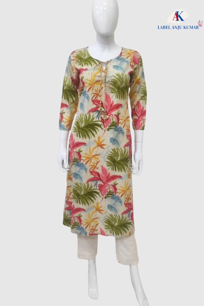 Printed Cotton Kurti with Round Neckline & Hanging Detail | Label Anju Kumar