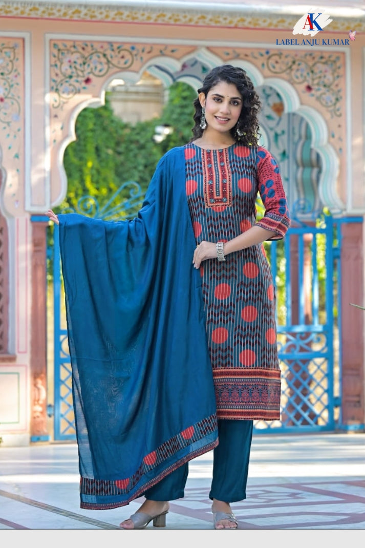 Blue Pure Muslin Printed Straight Suit Dupatta Set with Highlight Neck Work | Label Anju Kumar