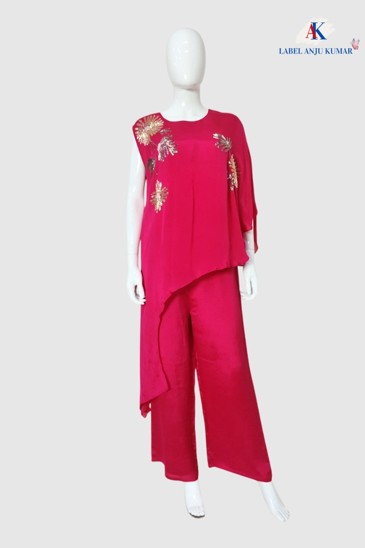 Majenta Chinon Coord Set with Hand Work & Straight Trousers | Label Anju Kumar