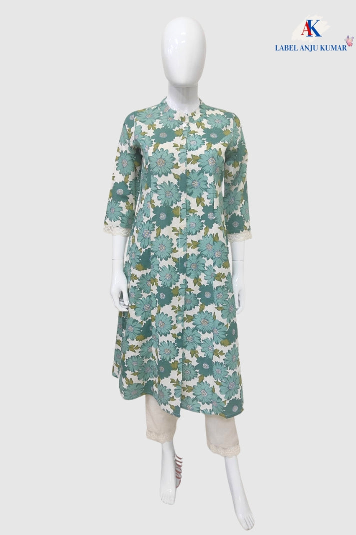 Green Khadi Cotton A-Line Kurti with Pockets & Lace Sleeve Detailing | Label Anju Kumar