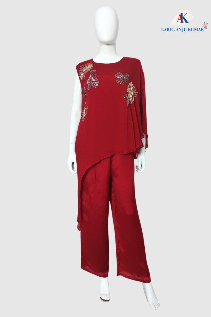 Red Chinon Coord Set with Hand Work & Straight Trousers | Label Anju Kumar