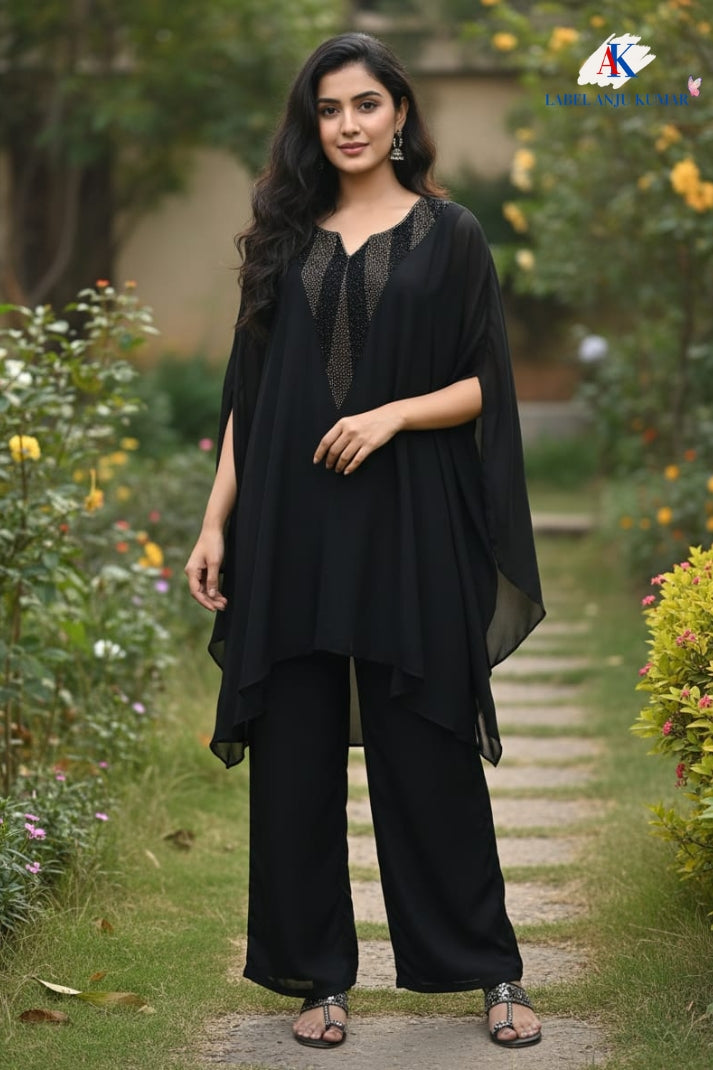 Black Chinon Kaftaan-Style Coord Set with Hand Embroidery & Straight Trousers | Label Anju Kumar
