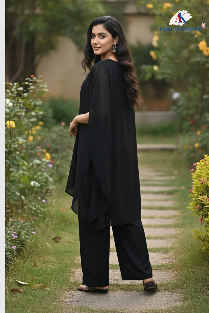 Black Chinon Kaftaan-Style Coord Set with Hand Embroidery & Straight Trousers | Label Anju Kumar