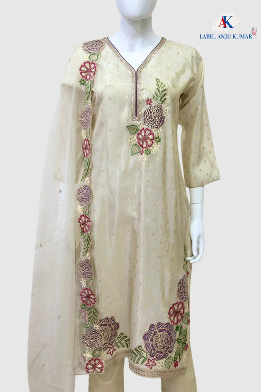 Off White Organza Straight Suit Dupatta Set with Heavy Embroidery | Label Anju Kumar
