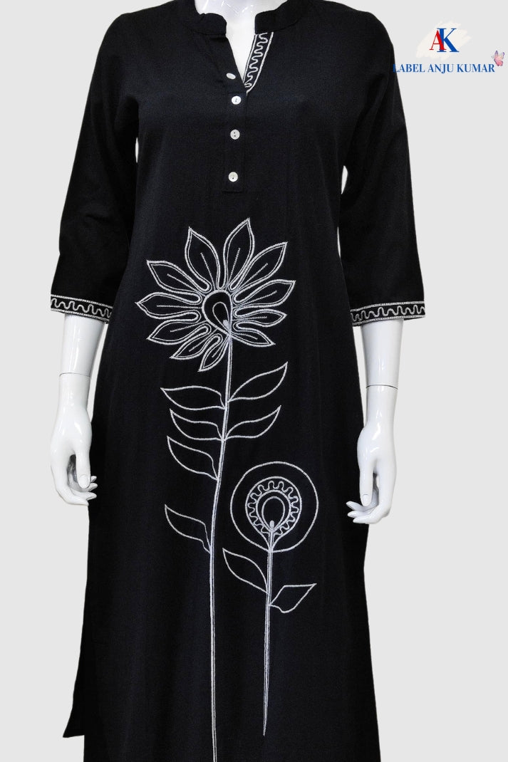 Black Khadi Cotton Coord Set with Thread Embroidery on Front & Straight Trousers | Label Anju Kumar