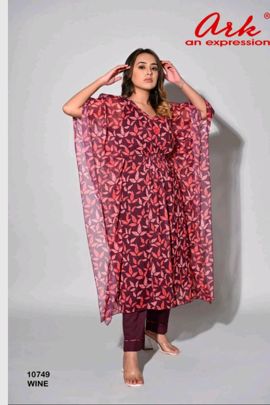 Printed Chiffon Kaftaan Set with Straight Trousers | Label Anju Kumar