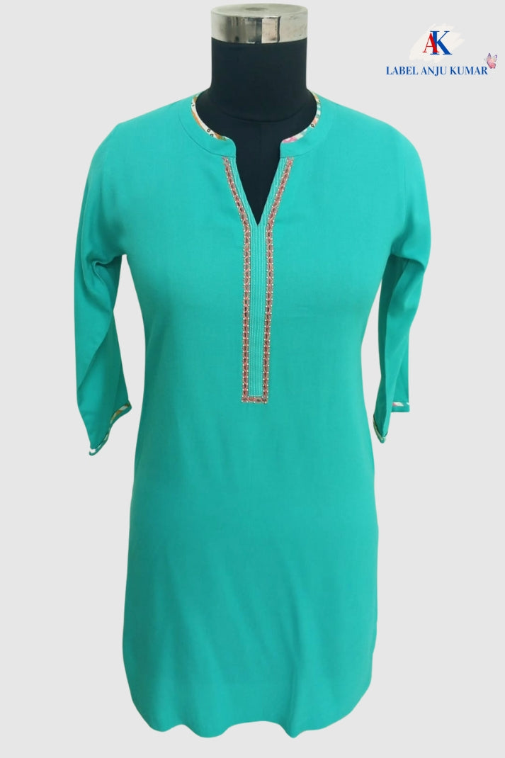 Sky Pure Rayon-Cotton  Short Kurti | Label Anju Kumar