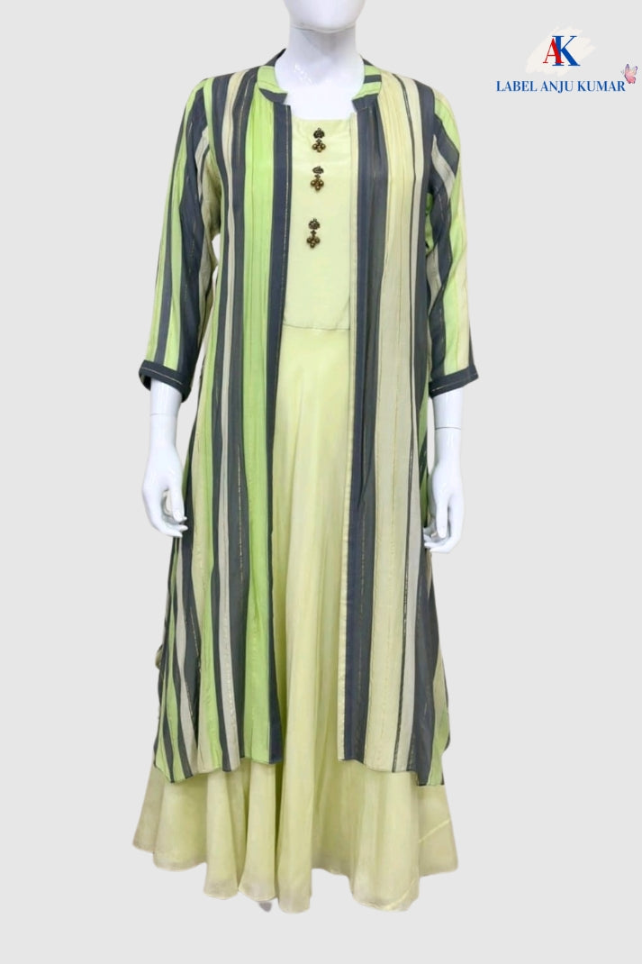 Sea Green Plain Kurti with Printed Stripes Shrug (Georgette) | Label Anju Kumar