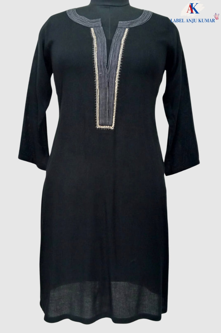 Black Pure Rayon-Cotton Short Kurti | Label Anju Kumar