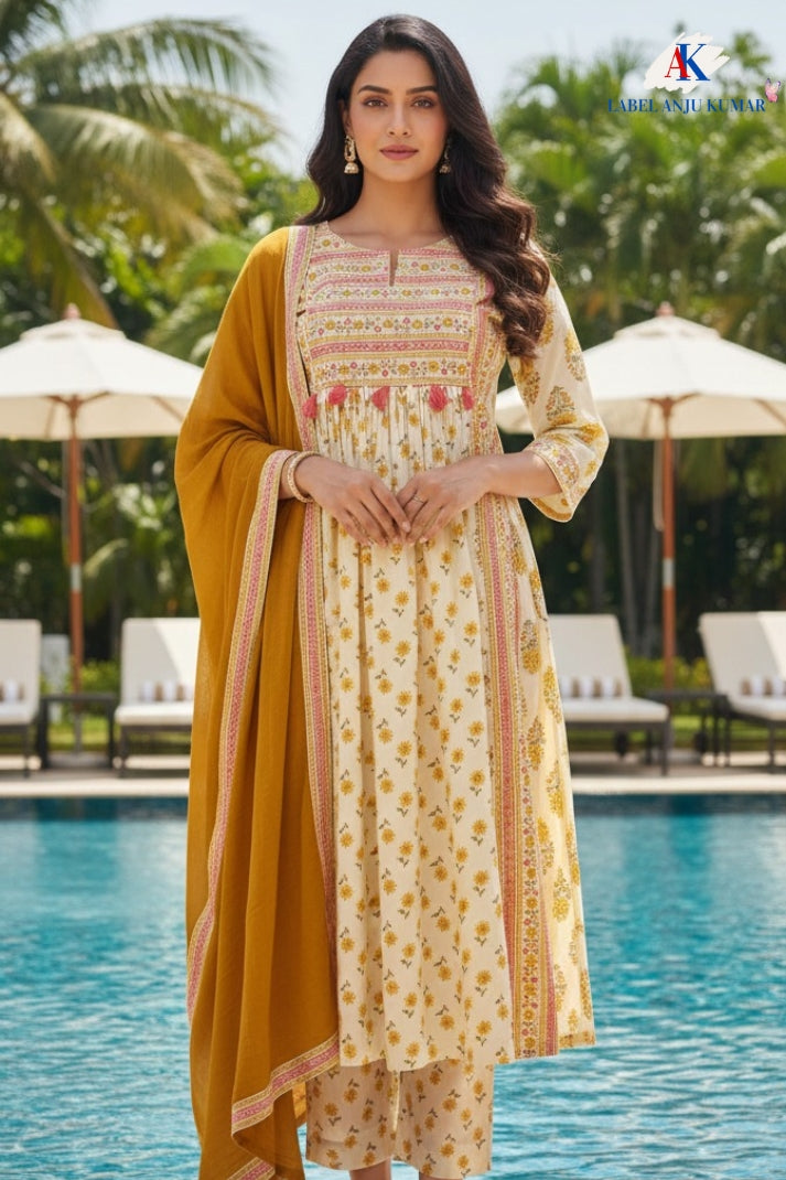 Pink Cotton Printed Suit Dupatta Set with Embroidered Neck & Malmal Dupatta – Label Anju Kumar