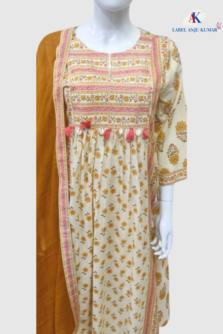 Pink Cotton Printed Suit Dupatta Set with Embroidered Neck & Malmal Dupatta – Label Anju Kumar