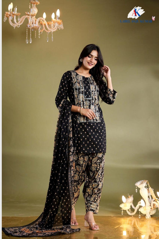 Black Cotton Straight Suit with Farshi Salwar & Dupatta | Gota Lace Detail | Label Anju Kumar