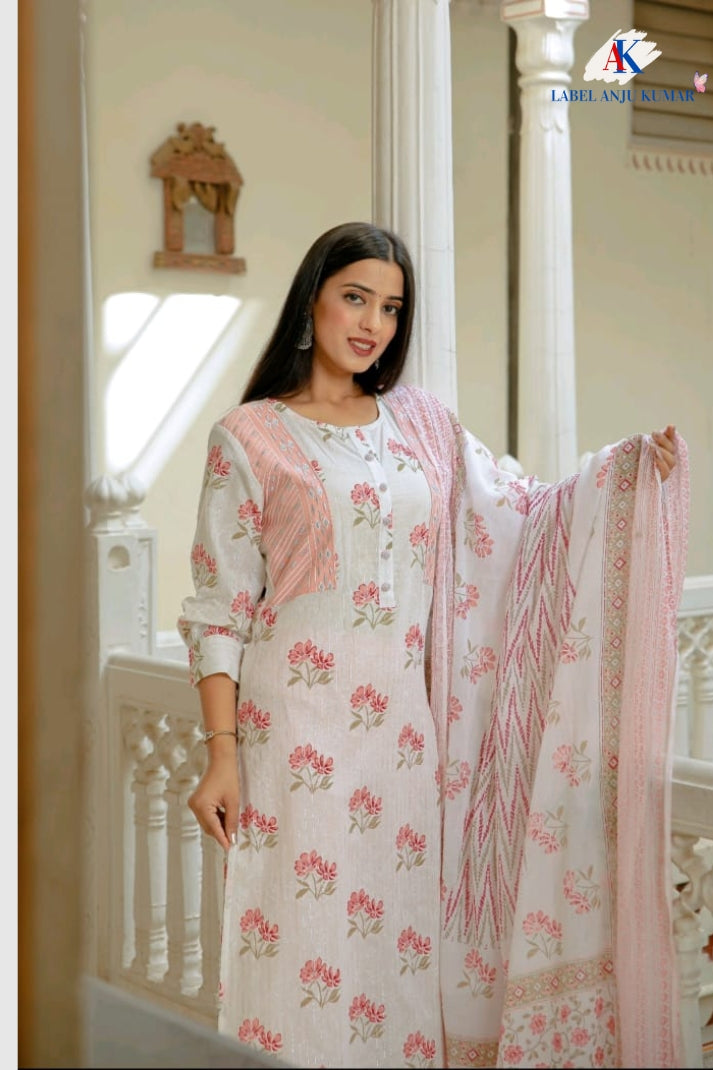 Pink Cotton Printed Straight Suit Dupatta Set with Matching Trousers & Printed Malmal Dupatta | Label Anju Kumar