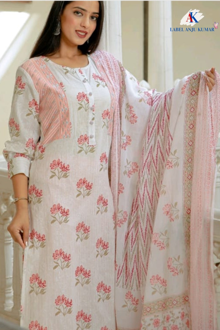 Pink Cotton Printed Straight Suit Dupatta Set with Matching Trousers & Printed Malmal Dupatta | Label Anju Kumar