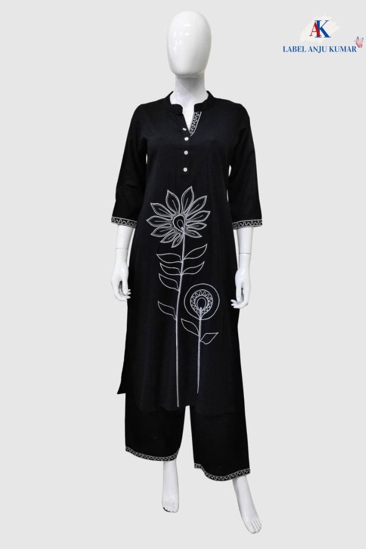 Black Khadi Cotton Coord Set with Thread Embroidery on Front & Straight Trousers | Label Anju Kumar