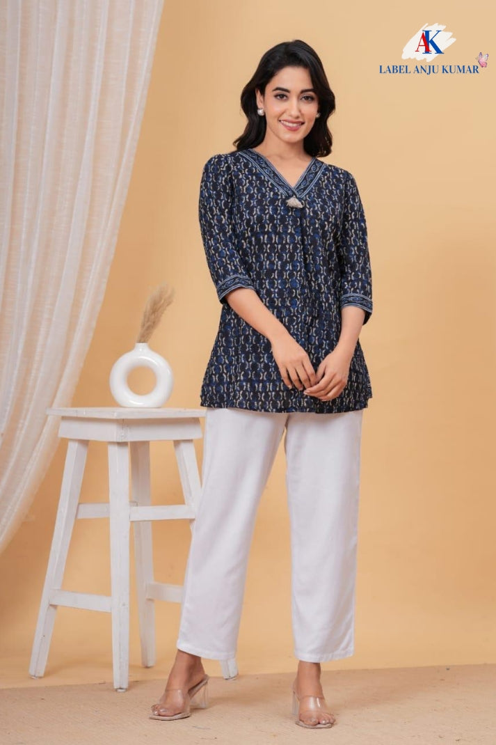 Printed Cotton Short Kurti – Casual / Office Ethnic Top | Label Anju Kumar