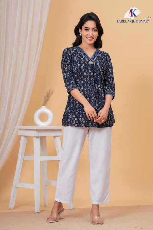 Printed Cotton Short Kurti – Casual / Office Ethnic Top | Label Anju Kumar