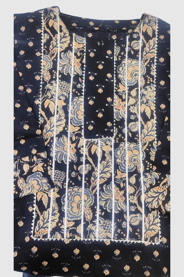 Black Cotton Straight Suit with Farshi Salwar & Dupatta | Gota Lace Detail | Label Anju Kumar