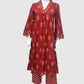 Rust Cotton Printed A-Line Suit Dupatta Set with V-Neckline & Lace Sleeve Detail | Label Anju Kumar