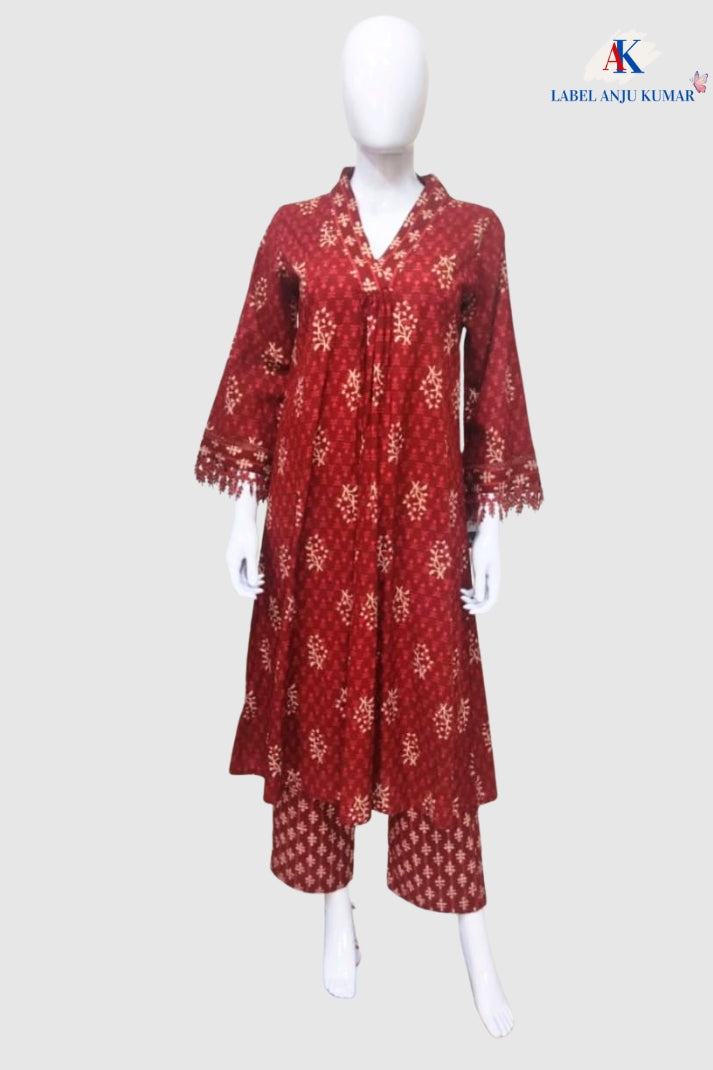 Rust Cotton Printed A-Line Suit Dupatta Set with V-Neckline & Lace Sleeve Detail | Label Anju Kumar