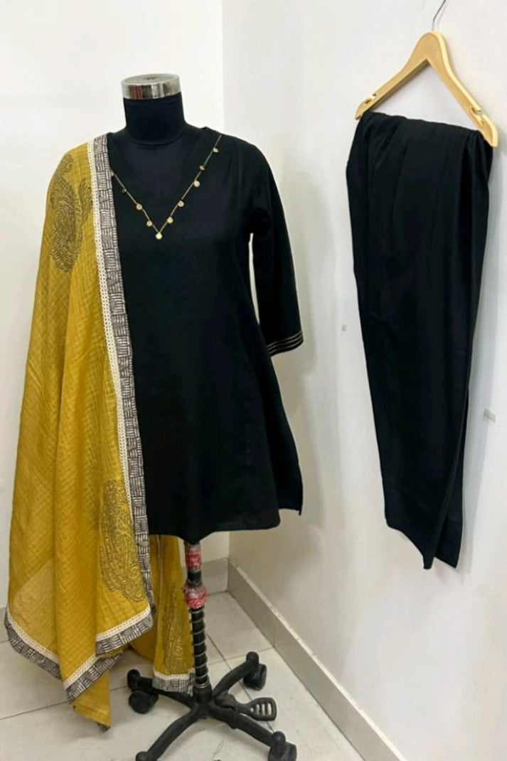 Black Cotton A-Line Short Kurta with Salwar & Hand-Block Printed Dupatta | Label Anju Kumar