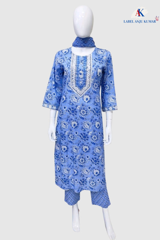 Lilac Cotton Printed Straight Suit Dupatta Set with Dori Embroidery on Neck Yoke | Label Anju Kumar