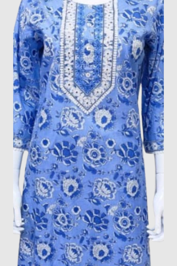 Lilac Cotton Printed Straight Suit Dupatta Set with Dori Embroidery on Neck Yoke | Label Anju Kumar