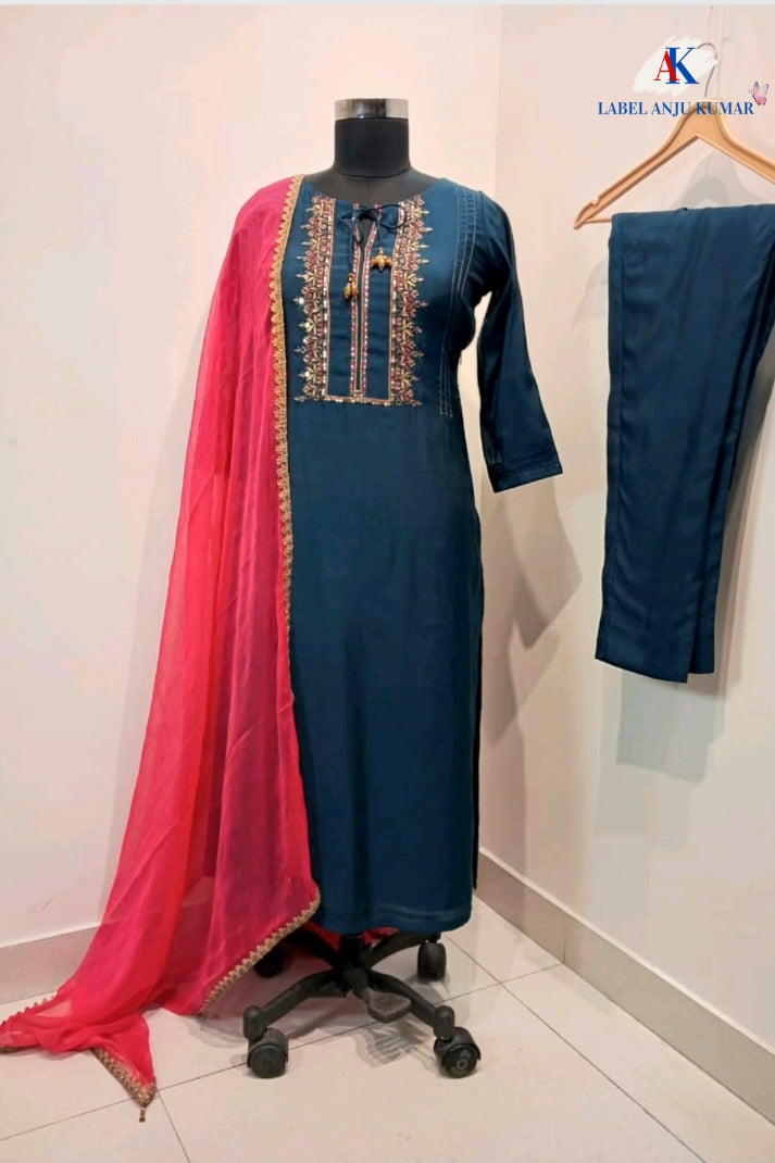 Turquoise Blue Muslin Hand-Embroidered Straight Suit Dupatta Set – Semi Formal Women’s Ethnic Wear