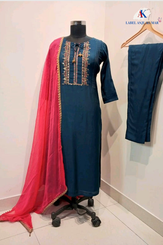 Turquoise Blue Muslin Hand-Embroidered Straight Suit Dupatta Set – Semi Formal Women’s Ethnic Wear