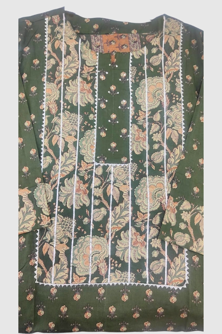 Mehendi Green Cotton Straight Suit with Farshi Salwar & Gota Lace | Label Anju Kumar