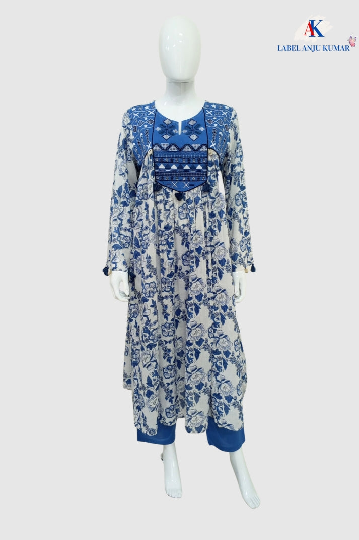 White & Blue Printed Cotton Coord Set with Thread Work on Neck Yoke | Label Anju Kumar
