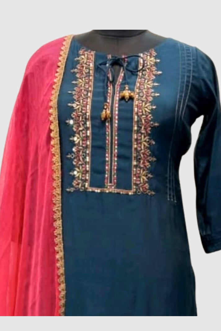 Turquoise Blue Muslin Hand-Embroidered Straight Suit Dupatta Set – Semi Formal Women’s Ethnic Wear