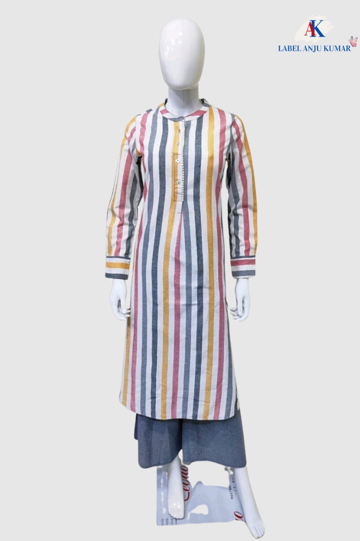 Grey Stripes Printed South-Cotton Coord Set with Straight Pants | Label Anju Kumar