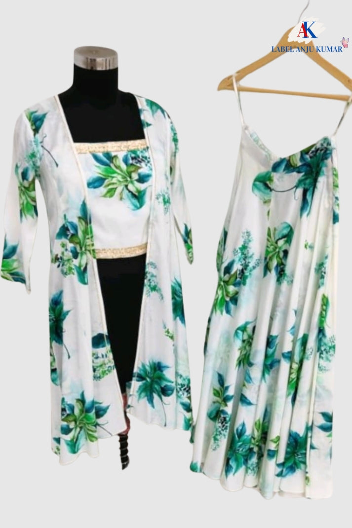 Off White–Green Floral Muslin Crop Top Sharara & Shrug Set – Semi Formal Women’s Ethnic Wear