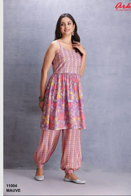 Mauve Printed Semi-Muslin Semi-Formal Suit with Pathani Salwar | Label Anju Kumar
