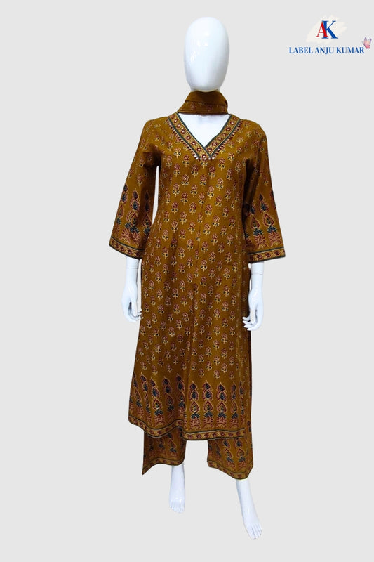 Mustard Cotton Straight Suit & Dupatta Set with V-Neckline | Label Anju Kumar
