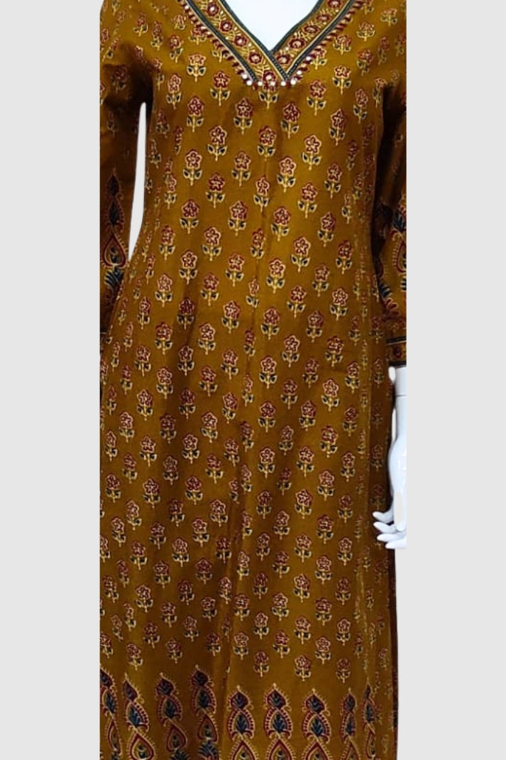 Mustard Cotton Straight Suit & Dupatta Set with V-Neckline | Label Anju Kumar