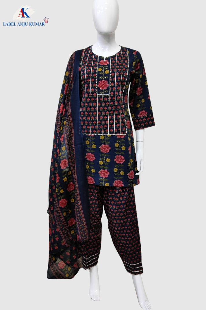 Blue Cotton Straight Suit with Farshi Salwar & Dupatta | Gota Lace Detail | Label Anju Kumar