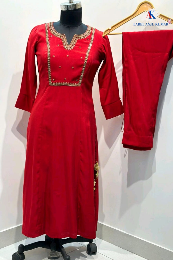 Red Muslin Hand-Embroidered Straight Suit Dupatta Set – Semi Formal Women’s Ethnic Wear