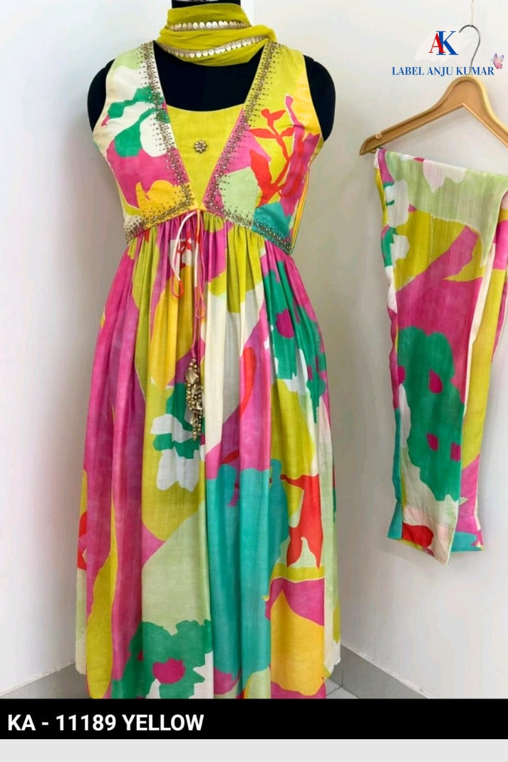 Yellow Multi Print Muslin Alia Cut Suit Dupatta Set – Elegant Semi Formal Ethnic Wear