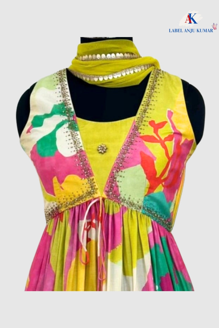 Yellow Multi Print Muslin Alia Cut Suit Dupatta Set – Elegant Semi Formal Ethnic Wear