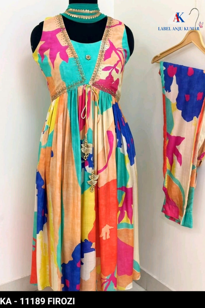 Ferozi Multi Print Muslin Alia Cut Suit Dupatta Set – Semi Formal Women’s Ethnic Wear