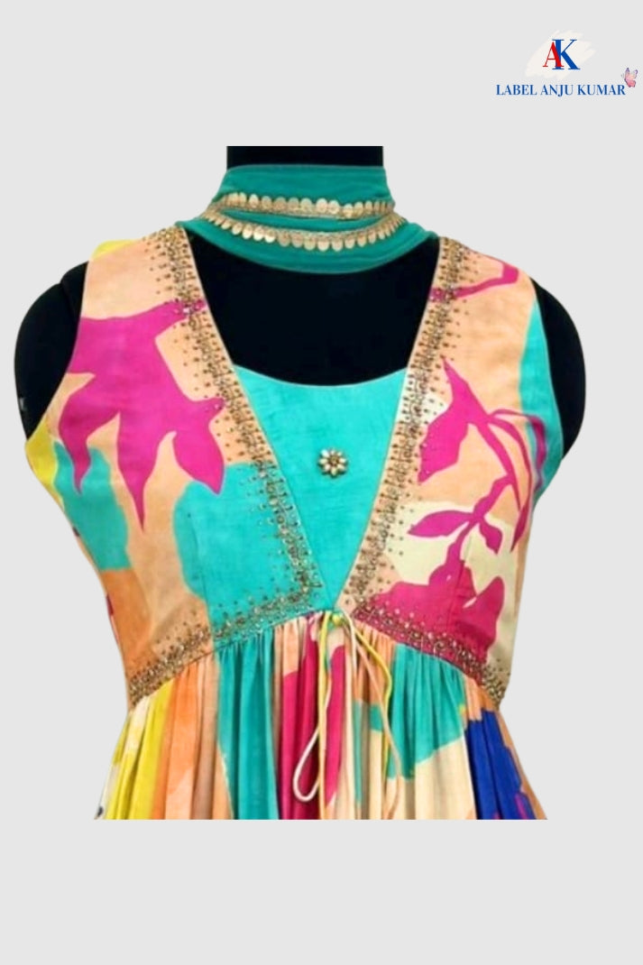 Ferozi Multi Print Muslin Alia Cut Suit Dupatta Set – Semi Formal Women’s Ethnic Wear