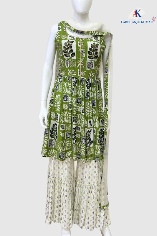 Green Printed Muslin Sharara Set with Hand Work & Chiffon Dupatta – Elegant Women’s Ethnic Wear
