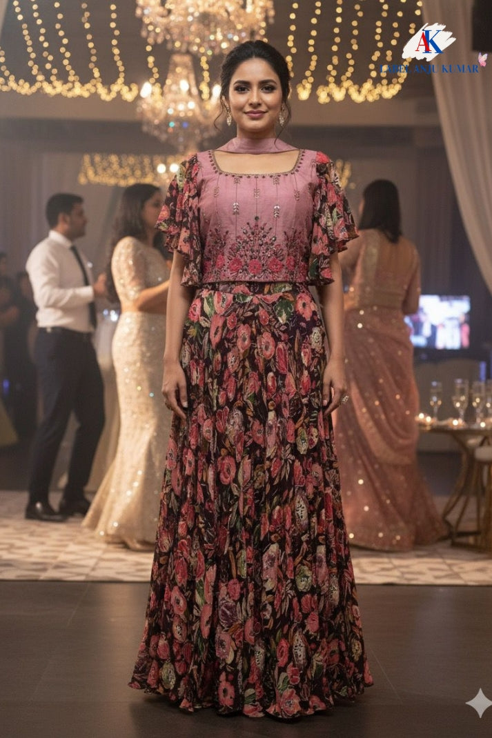 Onion Silk Embroidered Crop Top Sharara Set with Necklace Stole – Semi Formal Women’s Ethnic Wear