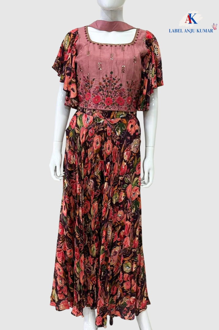 Onion Silk Embroidered Crop Top Sharara Set with Necklace Stole – Semi Formal Women’s Ethnic Wear