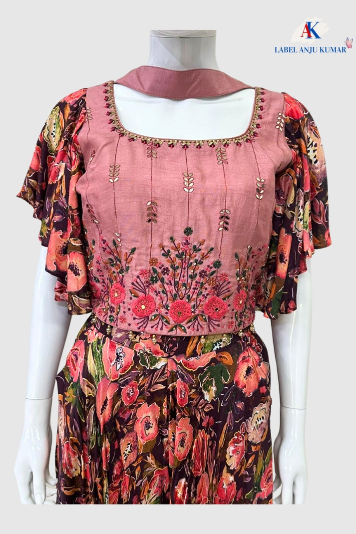 Onion Silk Embroidered Crop Top Sharara Set with Necklace Stole – Semi Formal Women’s Ethnic Wear