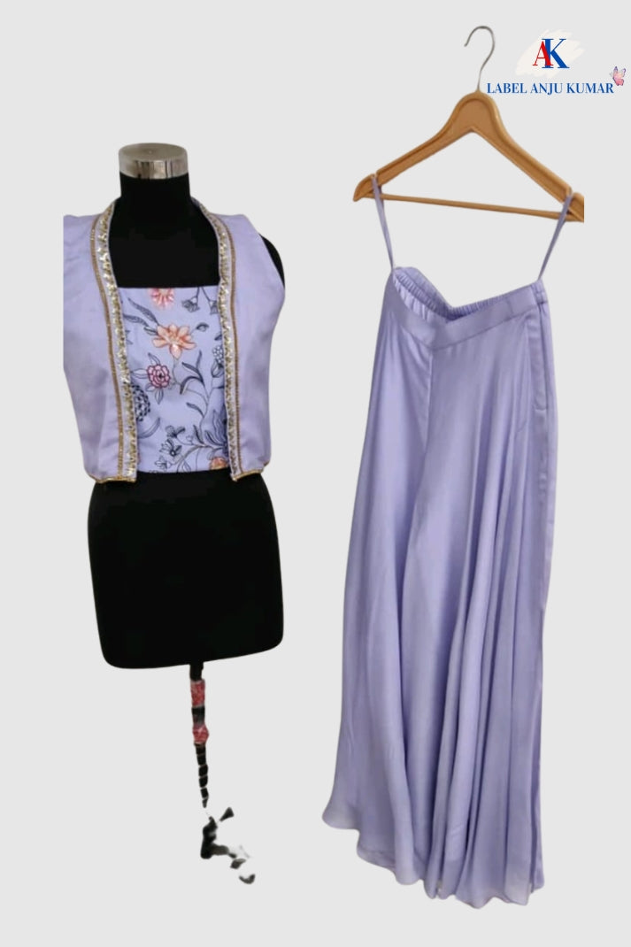 Lilac Chinon Embroidered Crop Top Sharara & Shrug Set – Indo Western Women’s Ethnic Wear