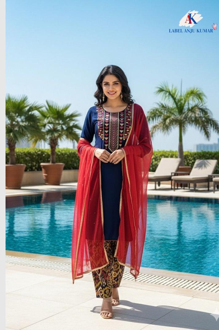 Navy Crape Silk Suit with Printed Muslin Salwar & Contrast Dupatta – Semi Formal Women’s Ethnic Wear