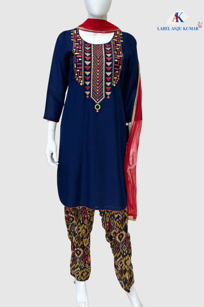 Navy Crape Silk Suit with Printed Muslin Salwar & Contrast Dupatta – Semi Formal Women’s Ethnic Wear